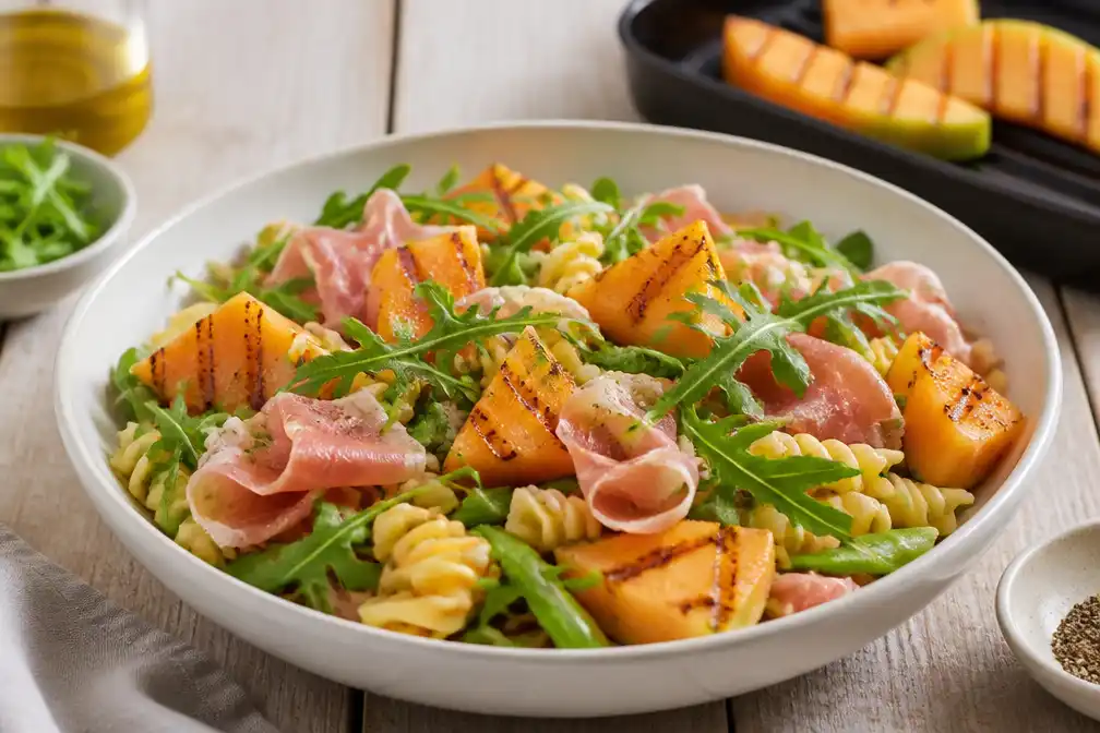 Zomerse pastasalade met gegrilde meloen, rauwe ham en peultjes