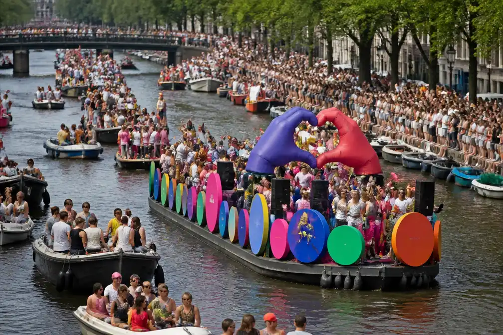 Volle kades langs Canal Parade terwijl tachtig versierde boten varen onder thema Unity