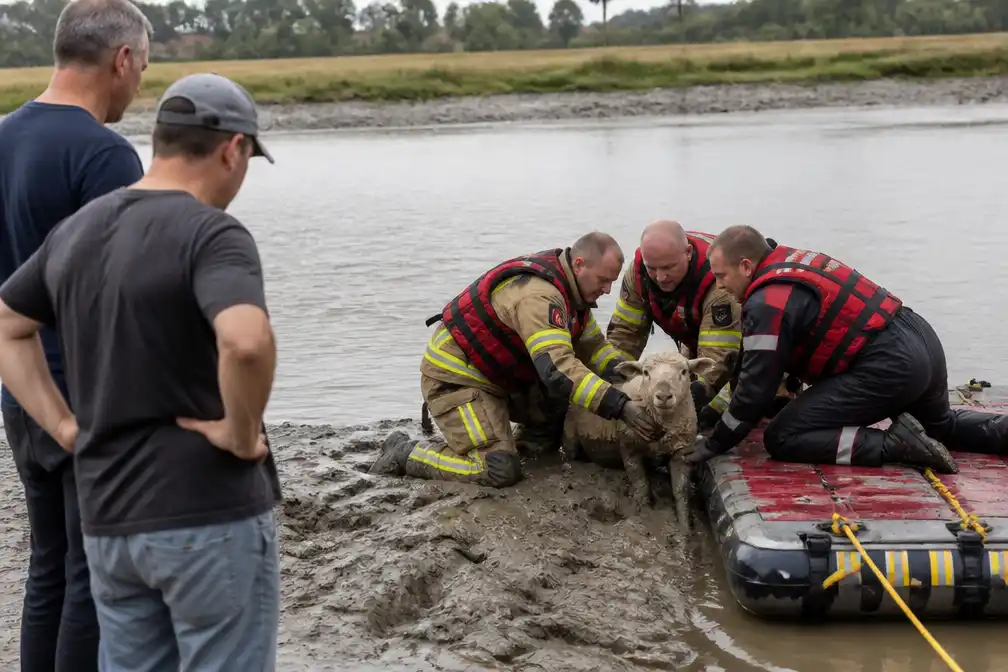 Brandweer redt lammetje uit modder van IJzer in Stavele