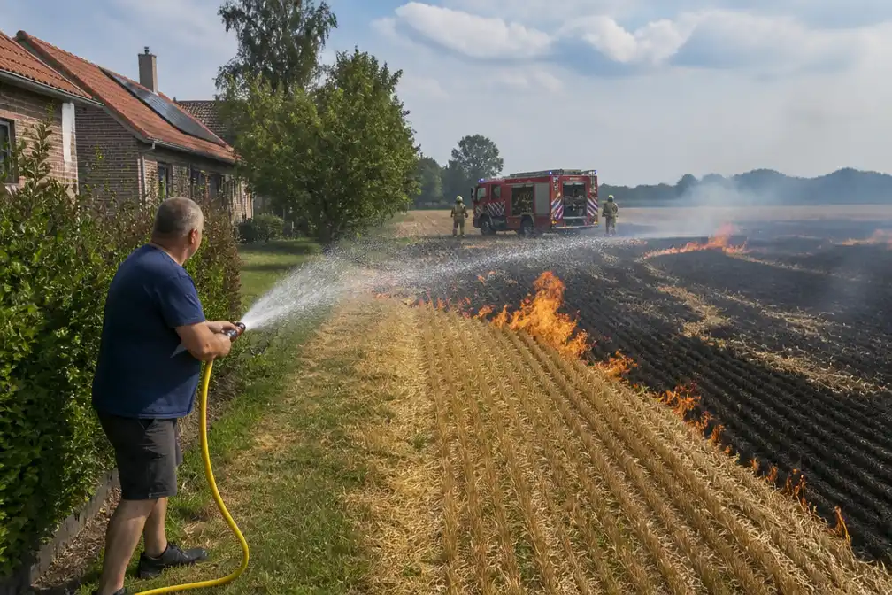 Akkerbrand in Heuvelland: buren beschermen huizen met tuinslang tot brandweer komt