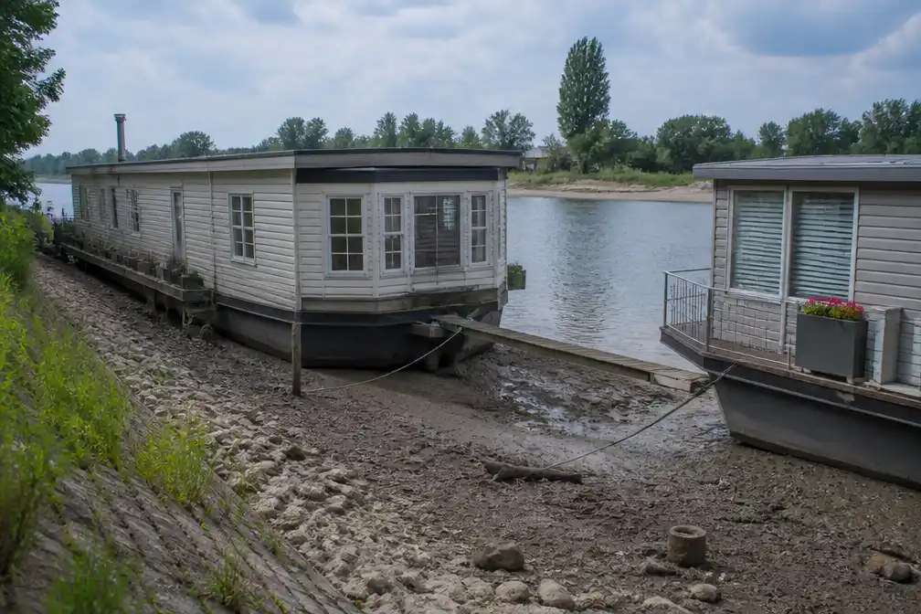 Woonboot Henk droog door laag water in Rosandepolder; buurman Paul heeft geen last