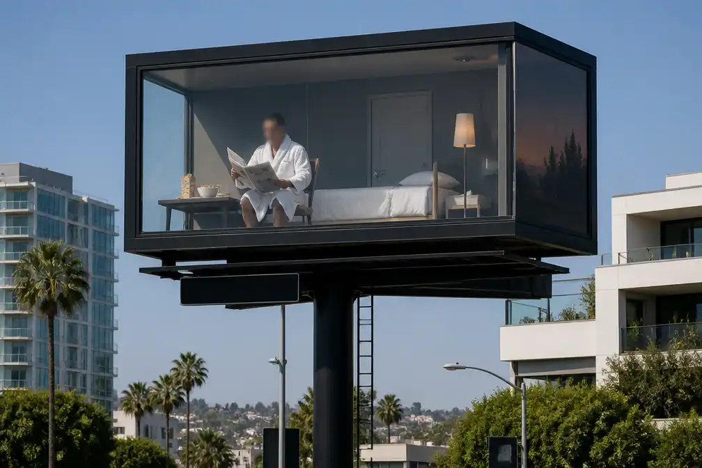 Netflix plaatst man in negen meter hoog reclamebord voor filmstunt