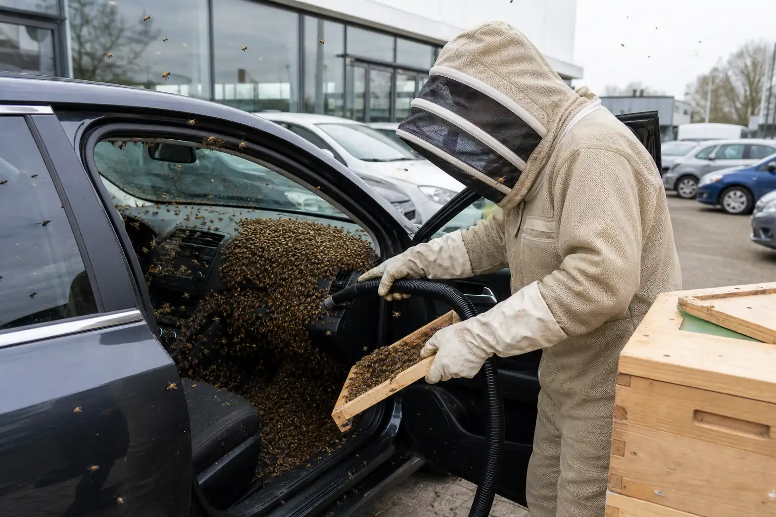 Zwerm van 5.000 bijen nestelt zich in auto Haarlem, imker ingeschakeld