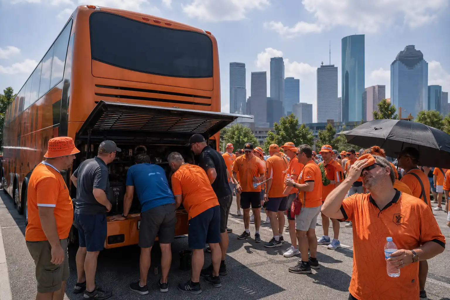 Oranjebus krijgt pech op weg naar WK-duel in Houston