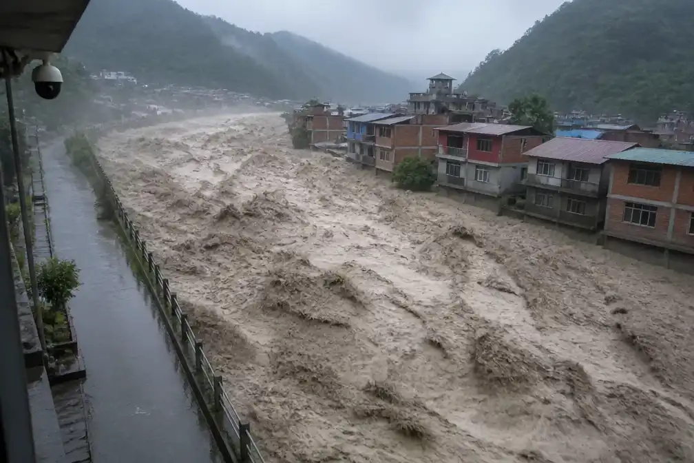 Bewakingscamera's vastleggen vloedgolf in Nepal; veel doden en honderden vermisten