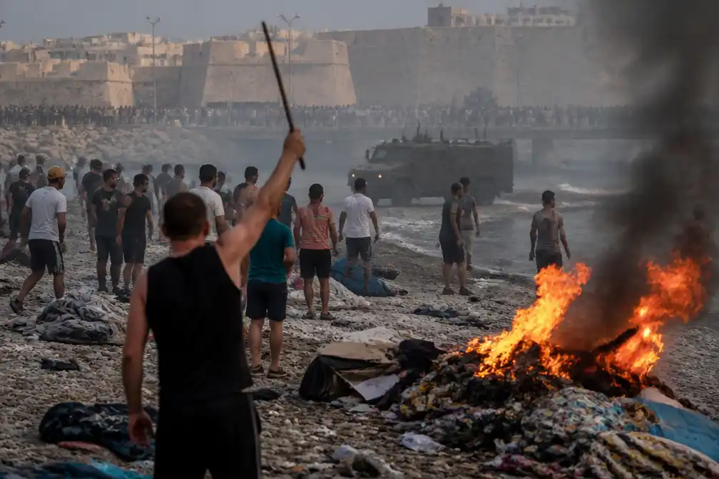 Geweld in Ceuta: migranten gooien stenen naar legerwagen, bewoners steken kampen in brand