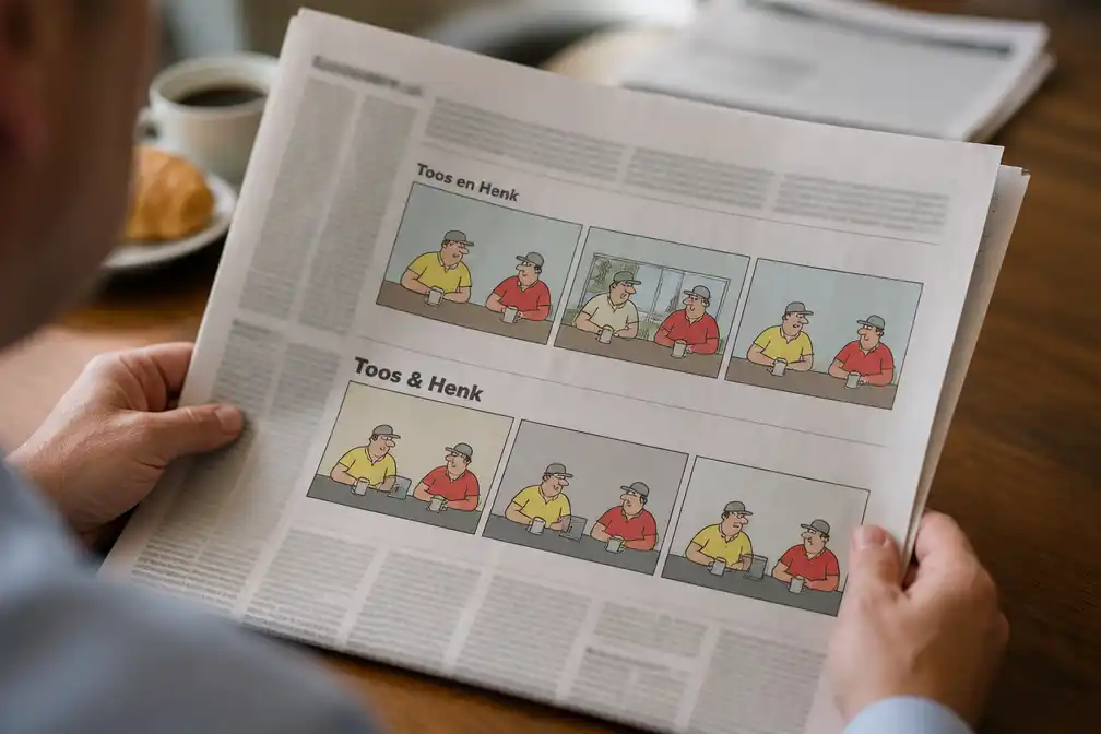 Cartoon 'Toos en Henk' van Paul Kusters verschijnt op 29 augustus 2026 in Nederlandse kranten