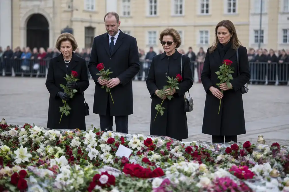 Noorse koninklijke familie legt rozen bij bloemenzee paleisplein