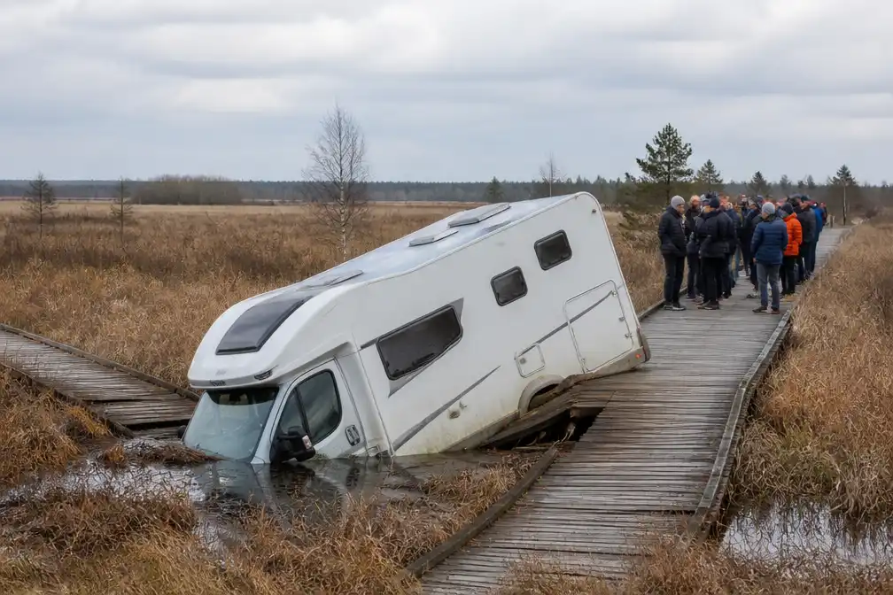 Camper vast in vlonderpad Drenthe wordt attractie; weghalen duurt mogelijk week