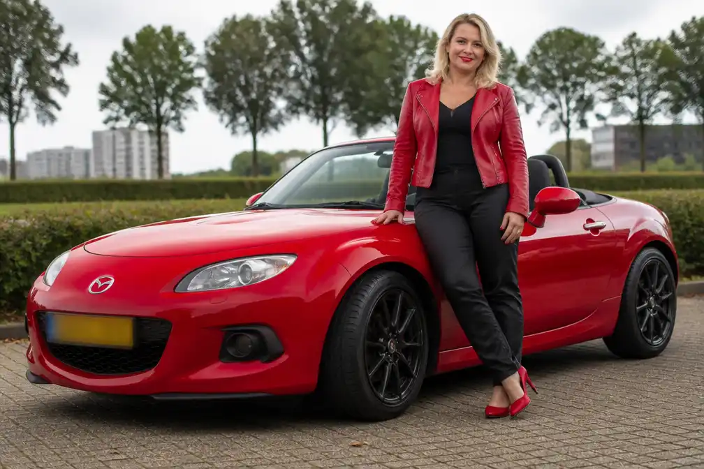 Bij Nicole is alles rood, van lippenstift tot haar pittige Mazda MX5