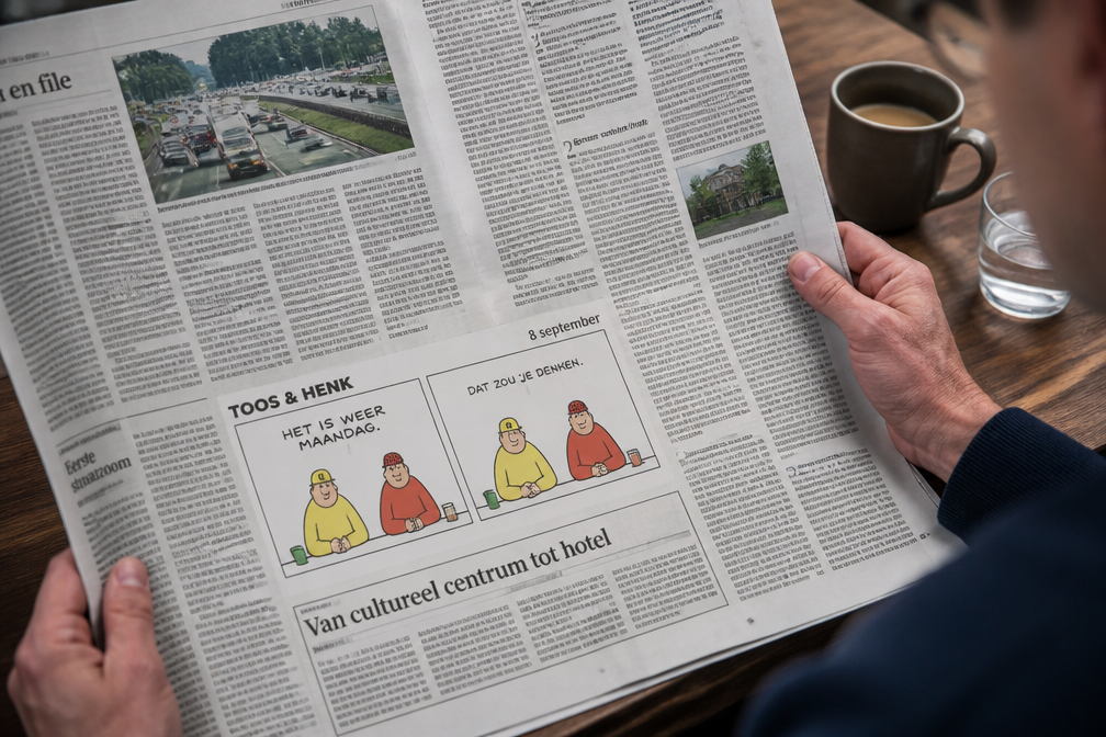 Paul Kusters tekent dagcartoon Toos en Henk op 8 september 2026