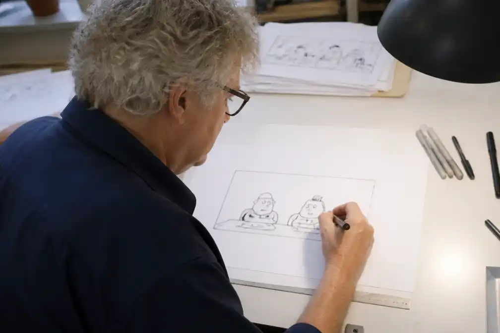 Paul Kusters tekent dagcartoon Toos en Henk op 8 september 2026