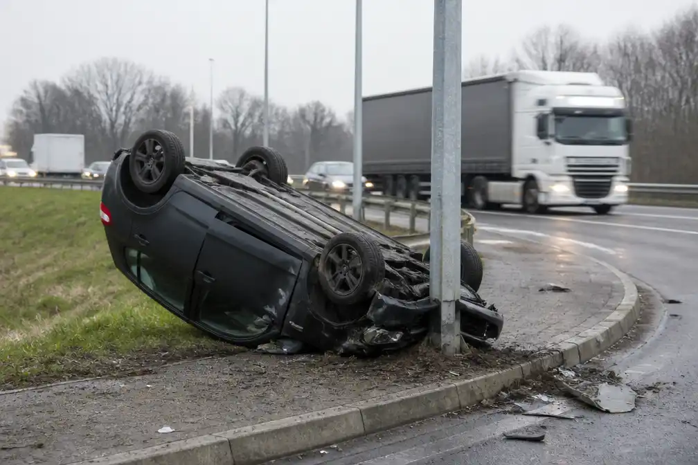 Auto over de kop op klaverblad E17 in Sint-Niklaas na uitwijkmanoeuvre