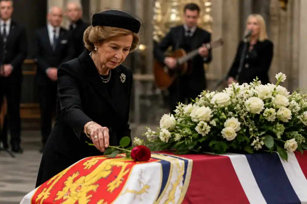 Koningin Sonja legt rode roos op kist van koning Harald
