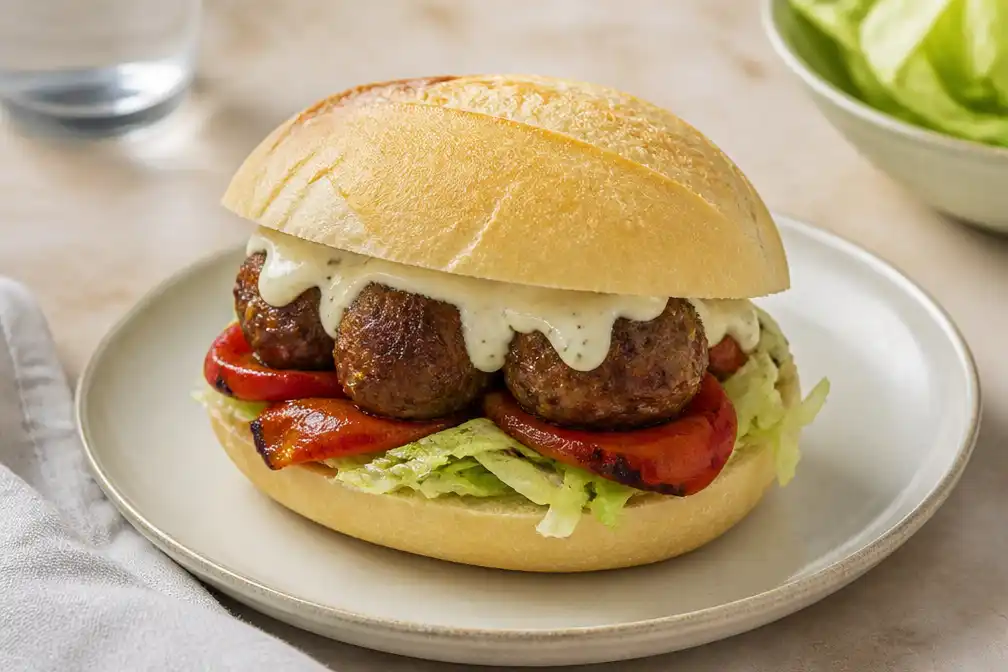 Broodje bal met venkel, gerookte paprika en aioli op Italiaanse bol
