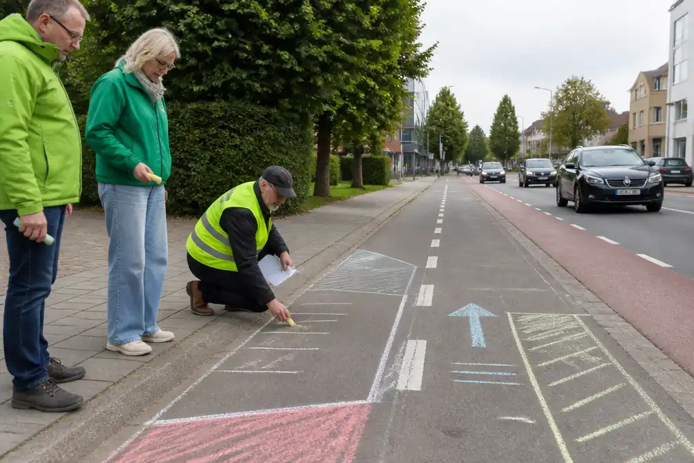 Krijtactie op Hoogveld in Dendermonde vraagt aandacht voor veiliger fietspad