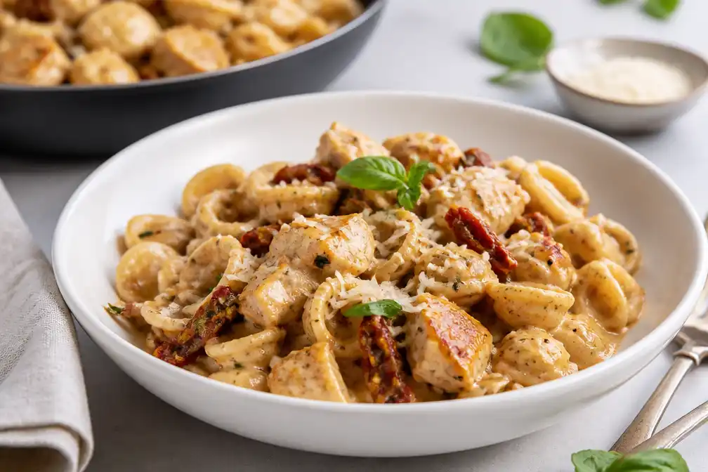 TikTok-hit 'marry me chicken pasta' met orecchiette en zongedroogde tomaat