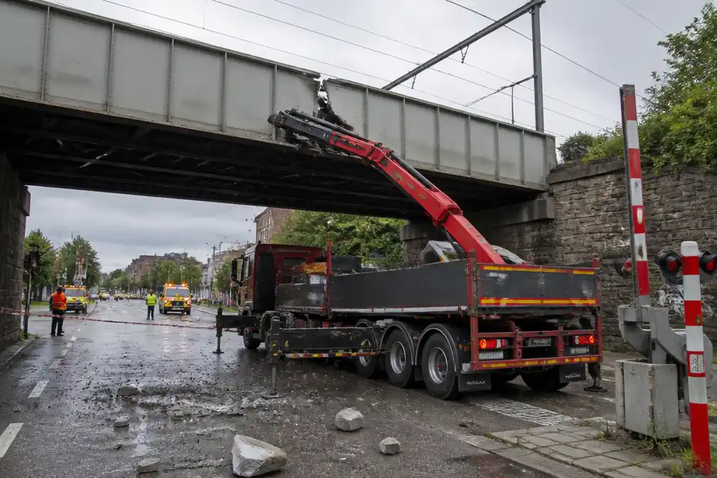 Vrachtwagen met kraan raakt spoorwegbrug op Mechelsesteenweg, brokstukken vallen neer