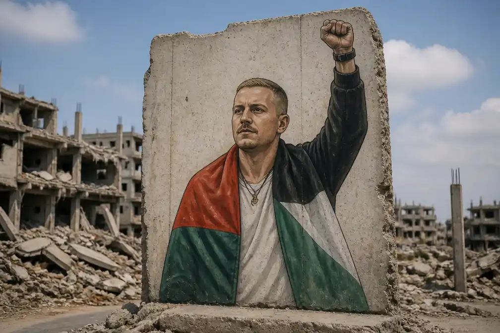 Muurschildering van Macklemore met Palestijnse vlag in Gaza