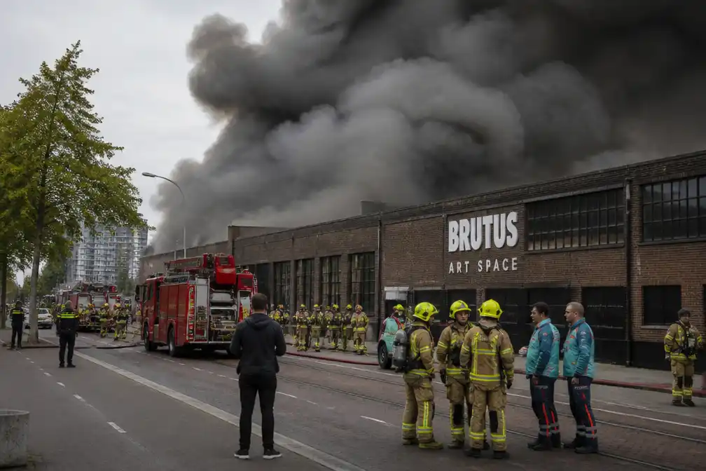 Grote brand bij Brutus Art Space in Rotterdam, hulpdiensten evacueren pand
