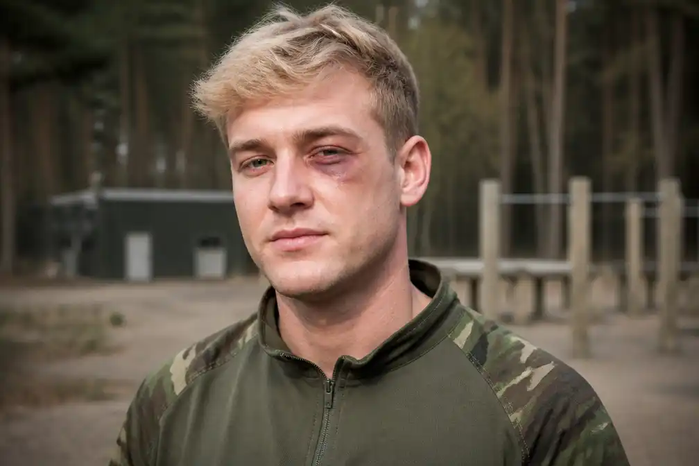 Kaj van der Voort halverwege Nationale Weerbaarheidstraining, liep blauw oog op