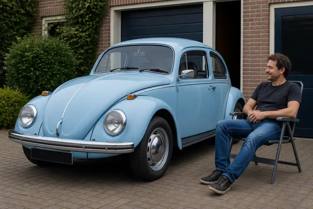 Robbert van Leeuwen uit Soest knapt zijn lichtblauwe Volkswagen Kever zelf op
