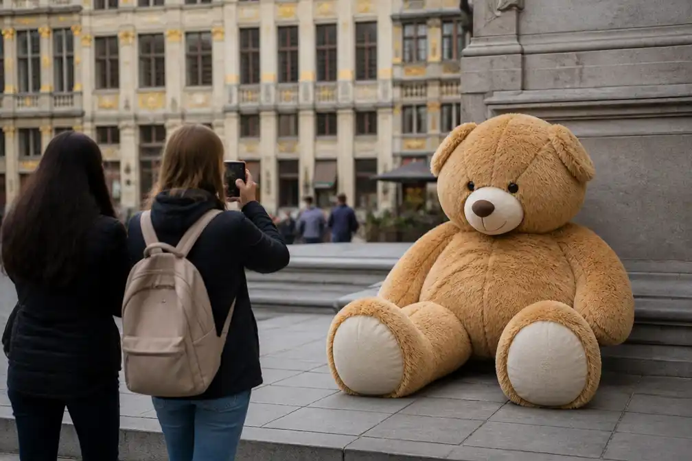 Grote teddybeer brengt verhaal van kinderen op de vlucht naar Brussel
