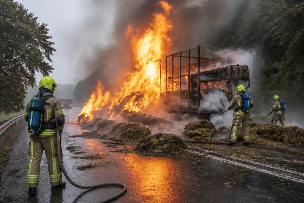Aanhangwagen met hooibalen vat vuur in Neupré, Chaussée de Marche afgesloten