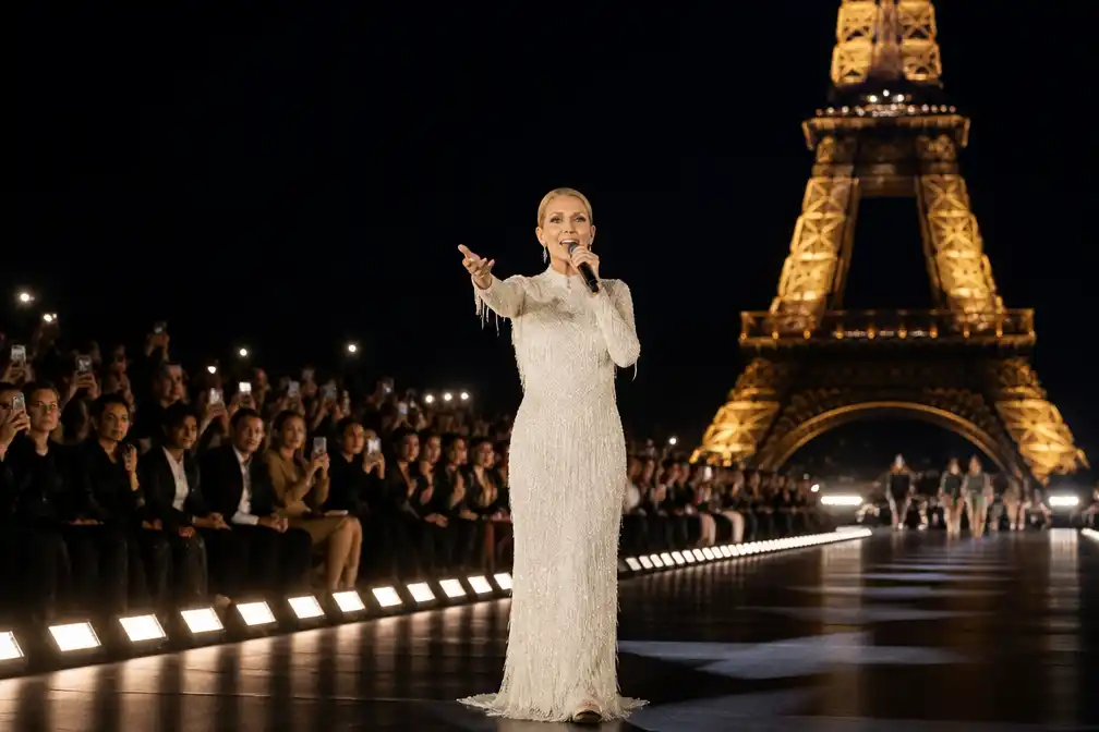 Céline Dion verrast Paris Fashion Week met catwalkoptreden en zingt I'm Alive