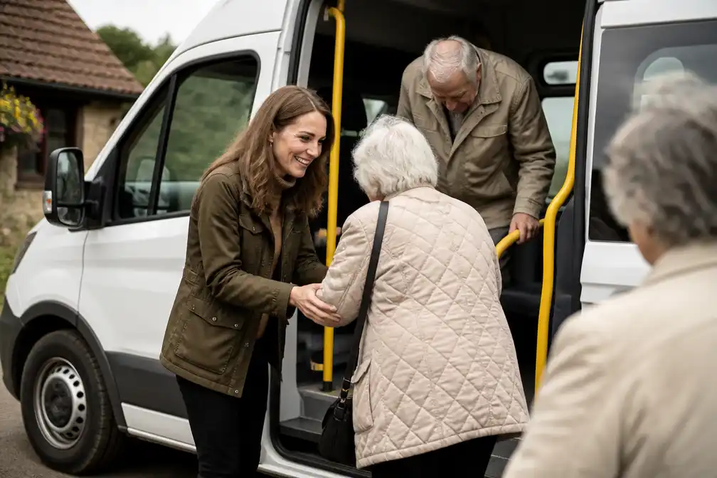 Prinses Catherine rijdt mee met buurtbusje in Pulborough voor ouderenlunch