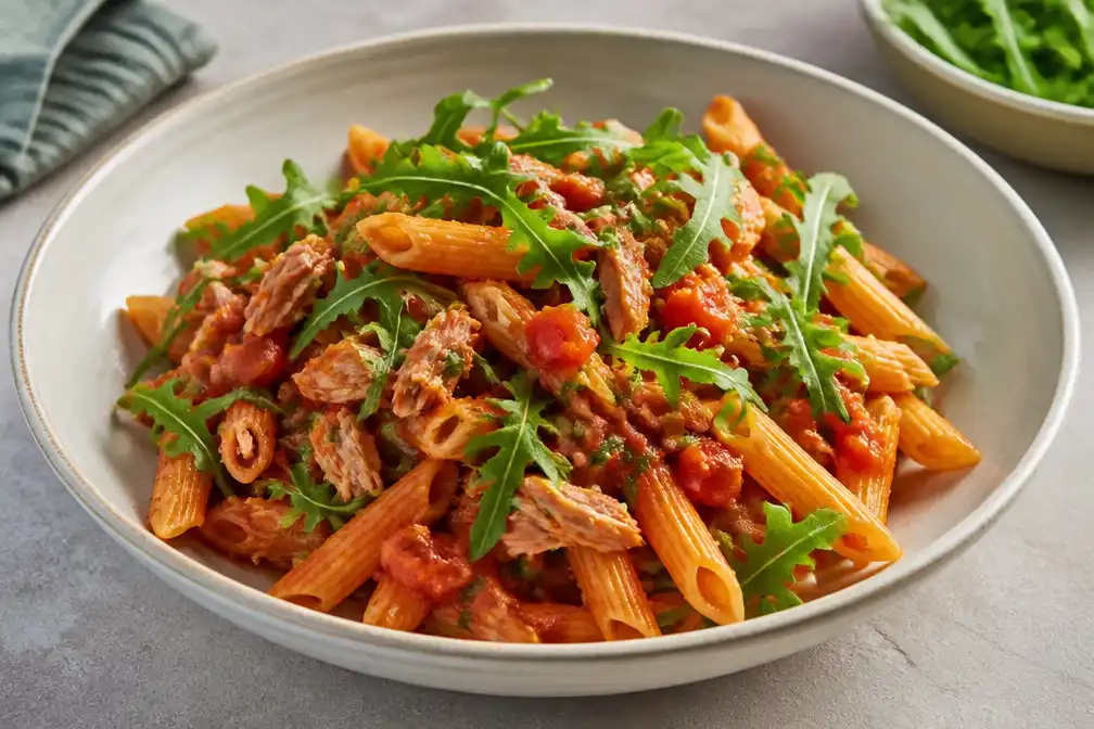 Budgetpasta met tonijn, tomatensaus en rucola levert 240 gram groente per persoon