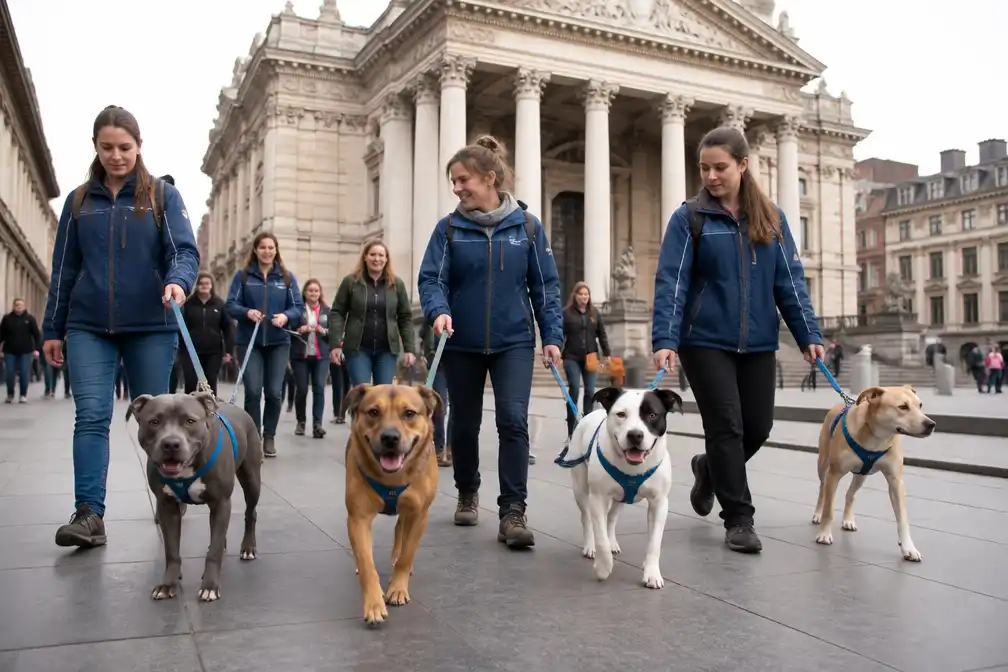 Asielhonden wandelen door Brussel om adoptie aan te moedigen