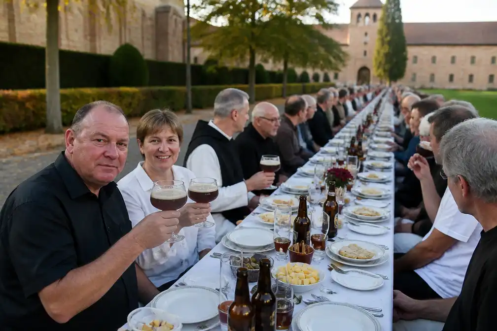 Honderd gasten aan één lange tafel bij abdij voor 100 jaar Westmalle Dubbel