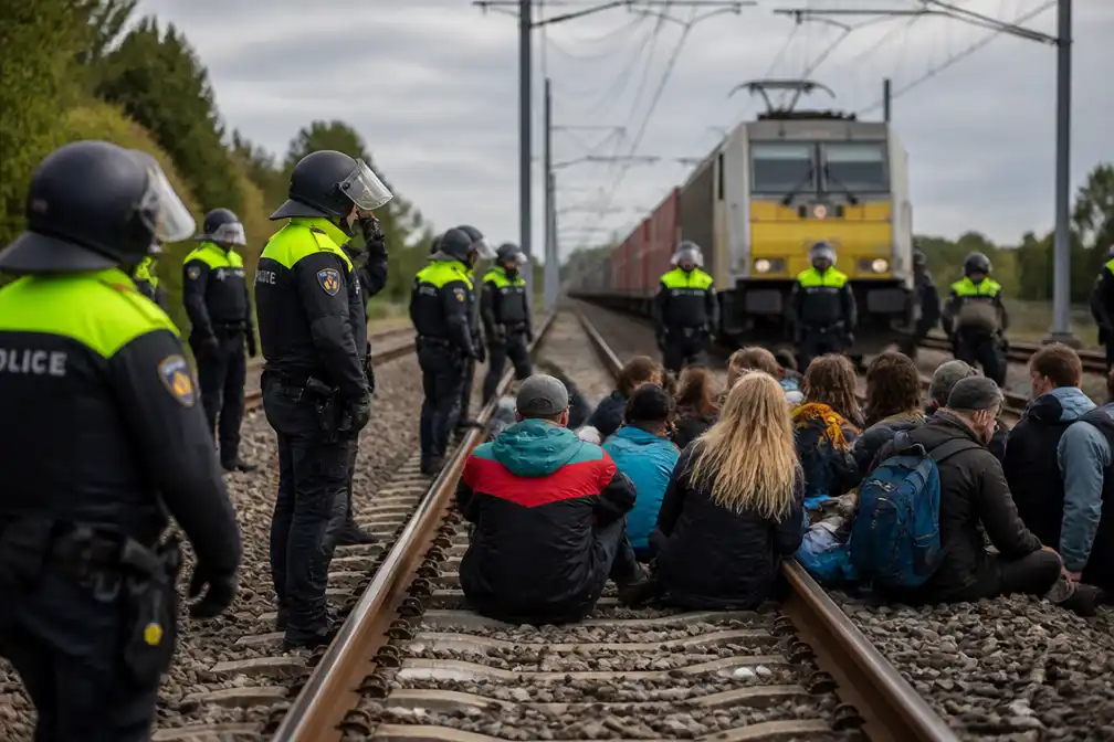 Actievoerders bezetten spoor Betuweroute bij Herveld, politie grijpt in