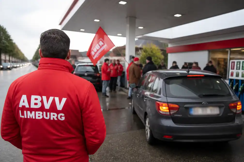 ABVV Limburg voert actie bij tankstation in Hasselt tegen hoge brandstofprijzen