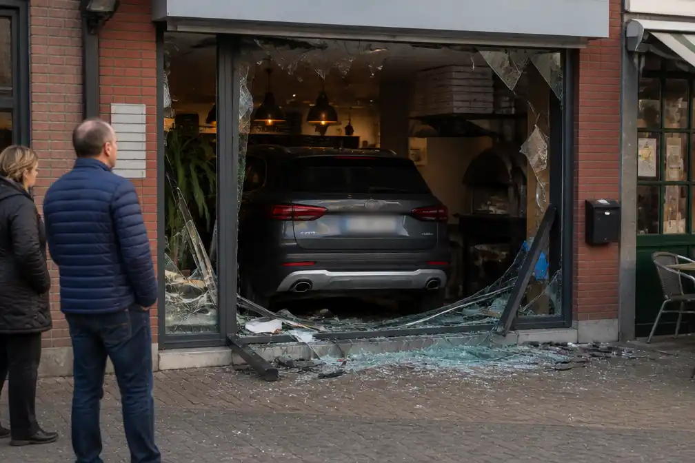 Bejaarde bestuurder rijdt achteruit door pizzeriavitrine in Steenokkerzeel