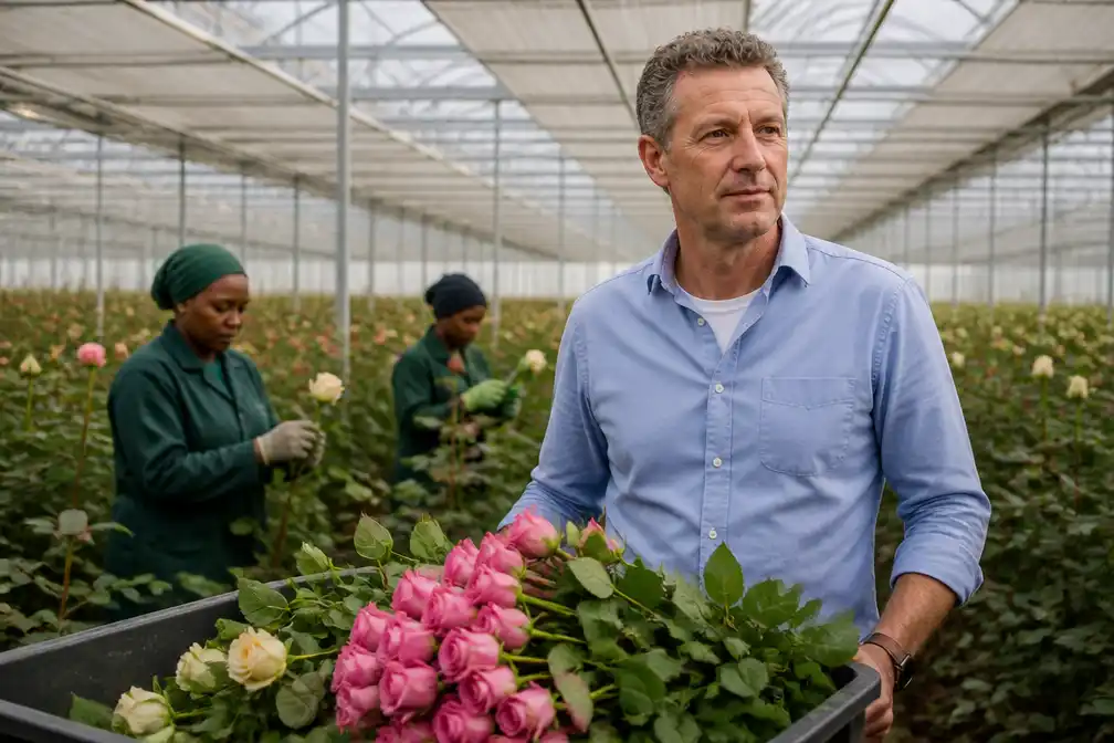 Rozenkweker Arie van den Berg laat dagelijks miljoenen bloemen met de hand knippen in Delfgauw en Kenia