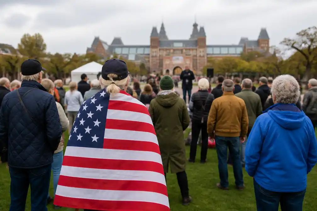 Tientallen mensen in Amsterdam roepen Amerikaanse kiezers op te stemmen