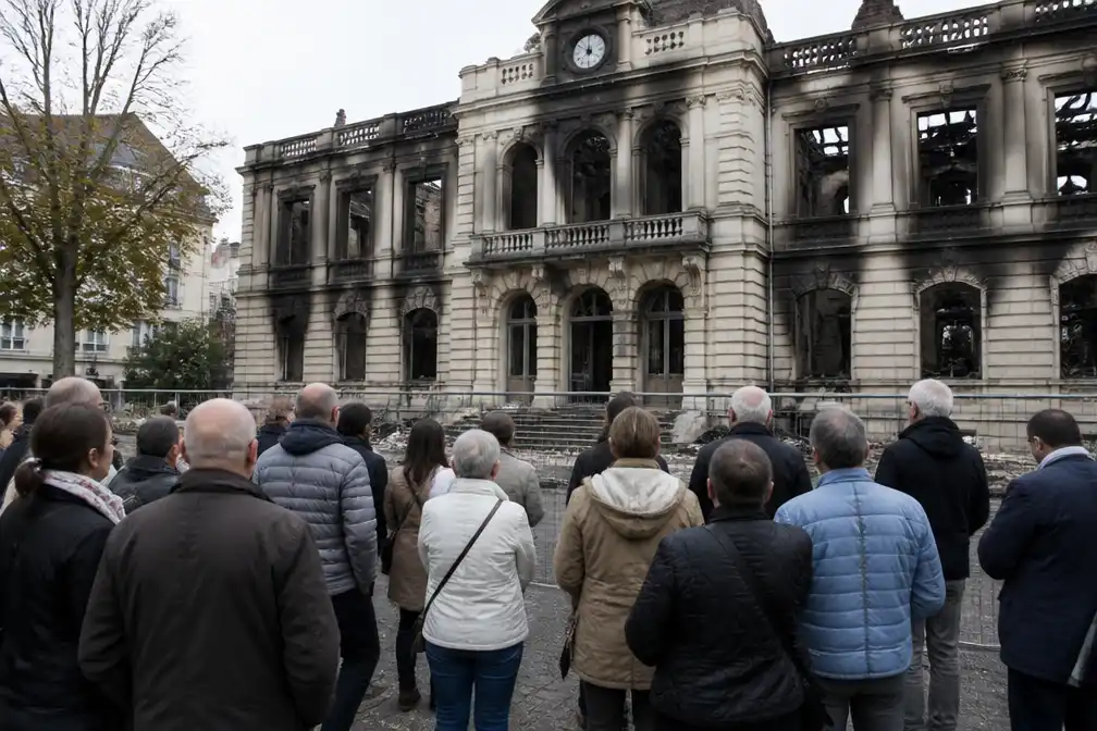 Inwoners van Limoges in tranen bij afgebrand stadhuis na vernieling door relschoppers