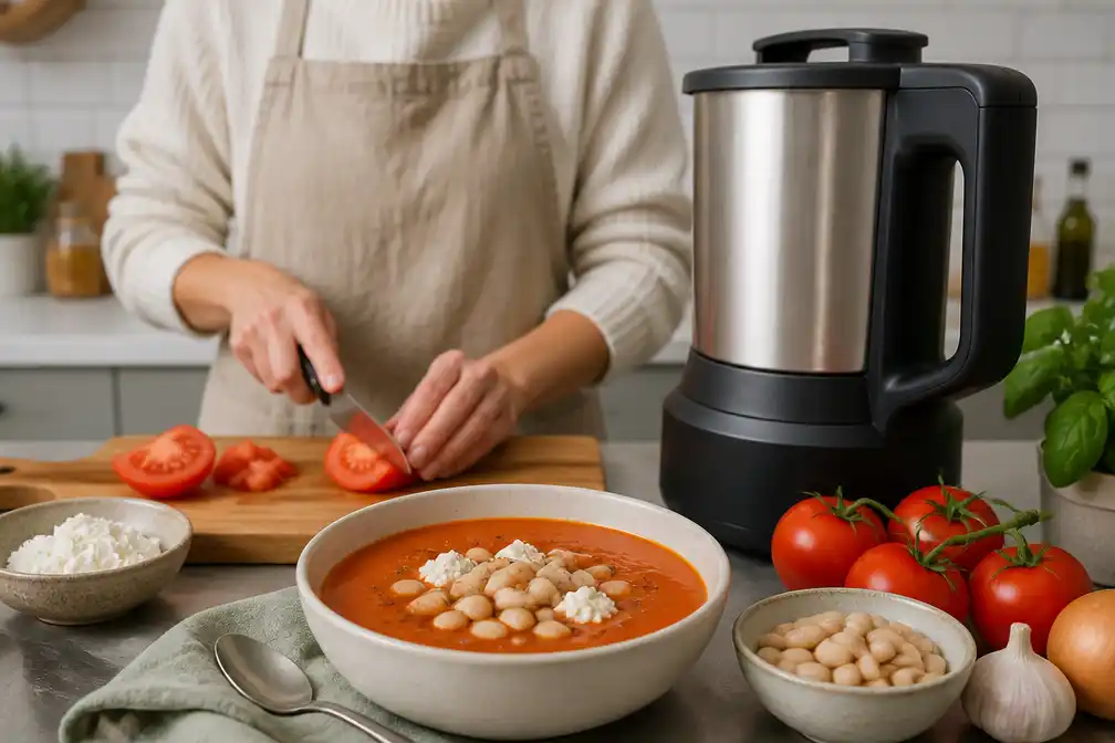 Gezonde tomatensoep met witte bonen en cottage cheese uit de soepmaker