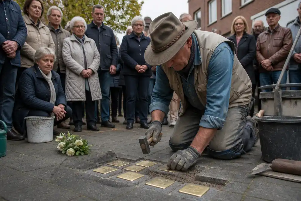 Duitse kunstenaar Gunther Demnig plaatst elf Stolpersteine in Glabbeek
