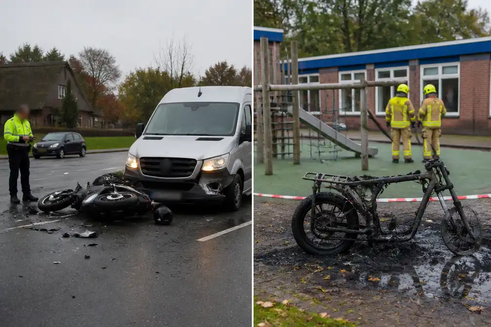 Motorrijder gewond bij botsing met bestelbus in Wirdum, fatbike brandt uit op schoolplein in Emmen