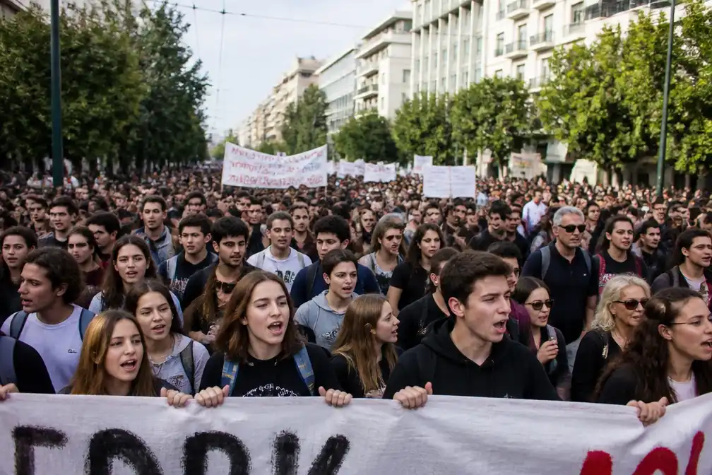 Duizenden Griekse scholieren, studenten en leraren protesteren tegen bezuinigingen op onderwijs