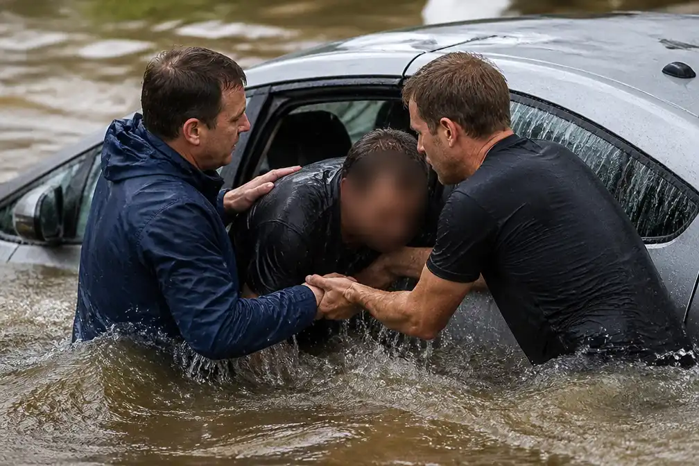 Australische tv-reporter en omstaander redden man uit zinkende auto bij overstromingen