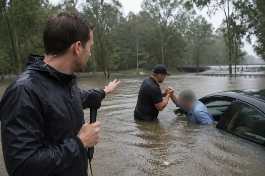 Australische verslaggever redt man uit zinkende auto bij overstromingen in Queensland