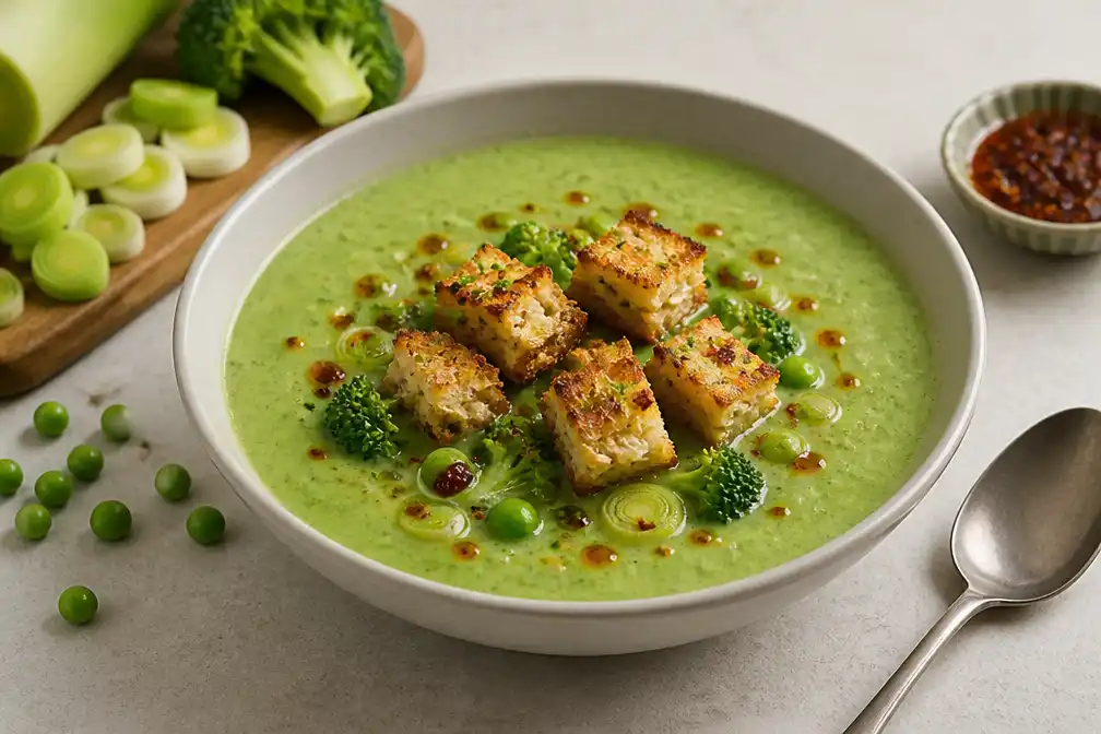 Romige groene groentesoep met croutons van tosti's en crispy chili oil