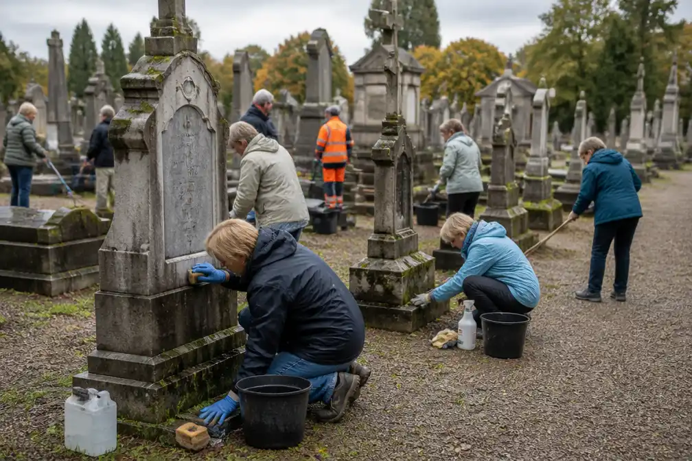 Vrijwilligers poetsen oude begraafplaats in Dijkstraat in Oudenaarde voor Allerheiligen