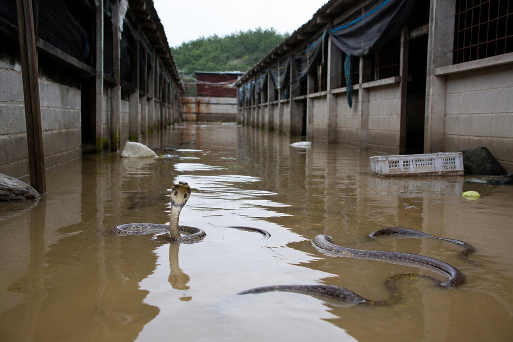 Honderden giftige slangen ontsnappen uit ondergelopen kwekerijen in Zuid-China na tyfoon Maysak