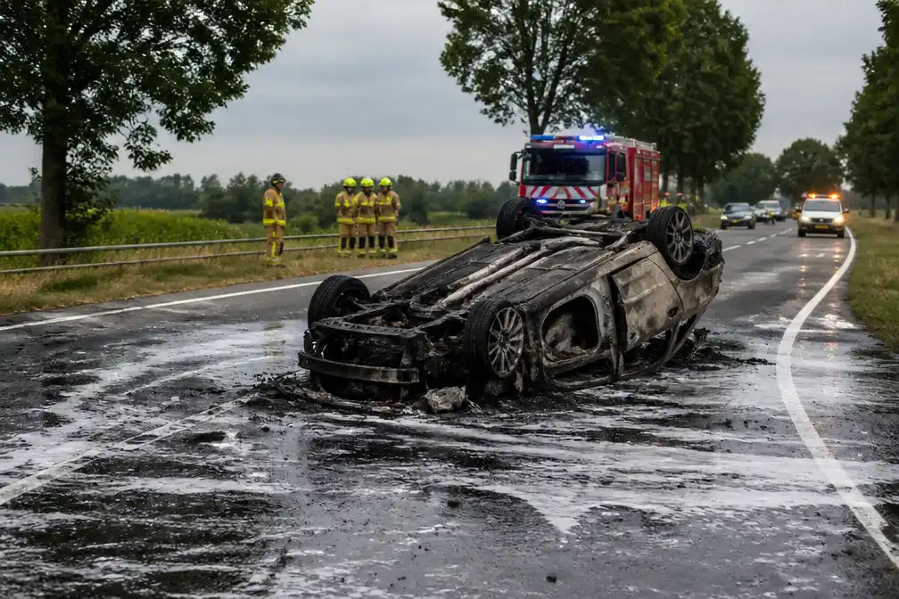 Auto slaat over de kop en vliegt in brand op N811 bij Tolkamer; vier inzittenden ongedeerd