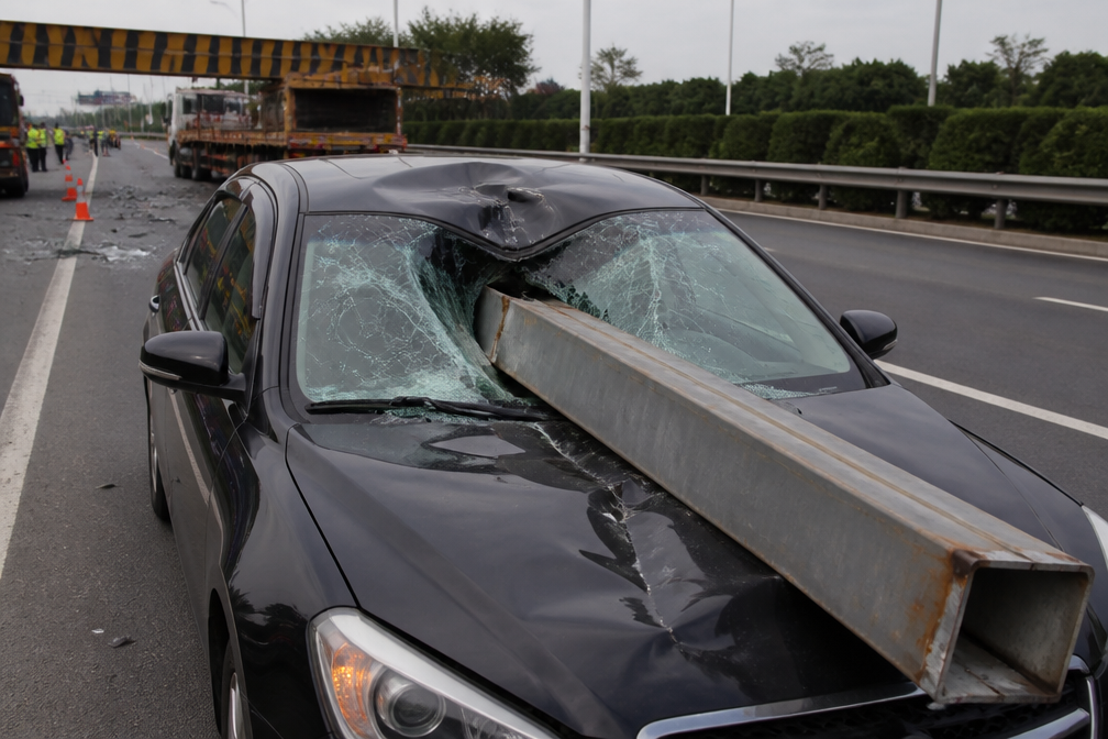 Stalen balk doorboort voorruit auto na botsing vrachtwagen met hoogtebalk in China